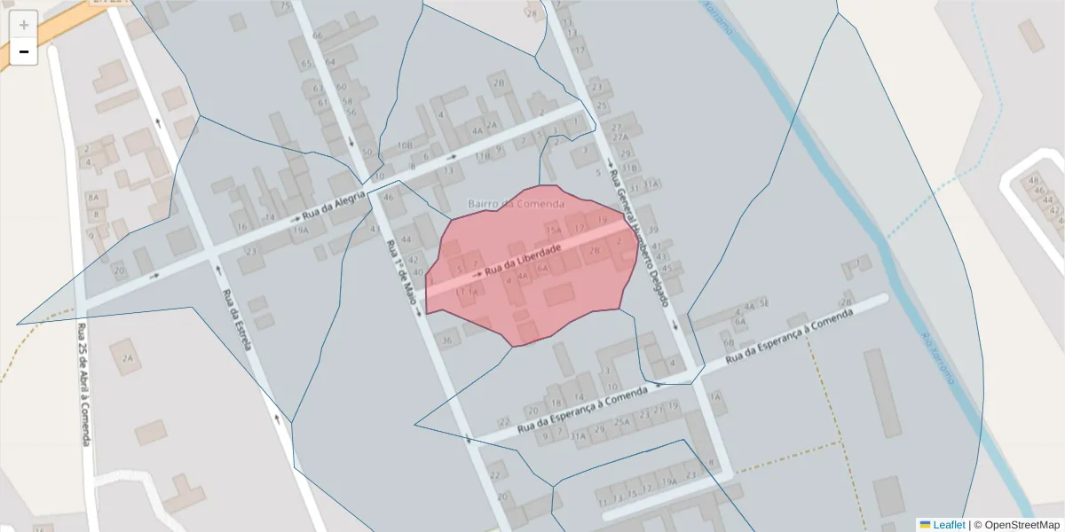 Mapa detalhado do código postal 7005-542 com limites, códigos postais vizinhos e agências dos correios