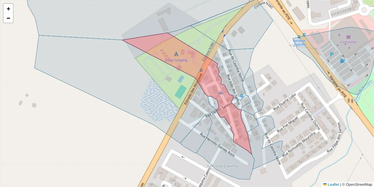 Mapa detalhado do código postal 7005-550 com limites, códigos postais vizinhos e agências dos correios