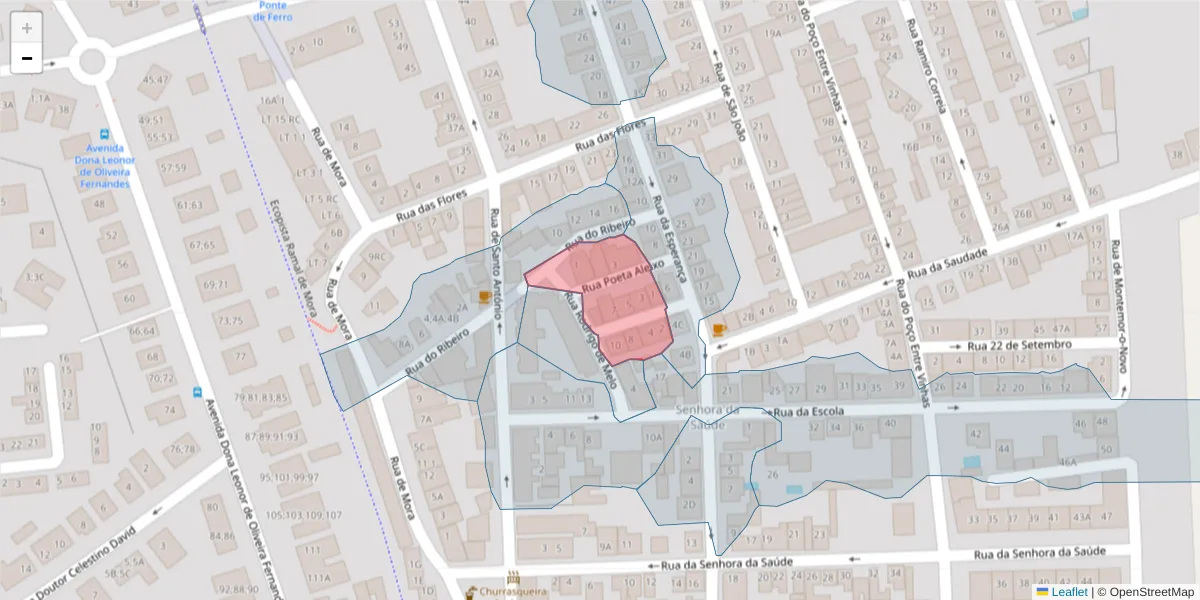 Mapa detalhado do código postal 7005-584 com limites, códigos postais vizinhos e agências dos correios