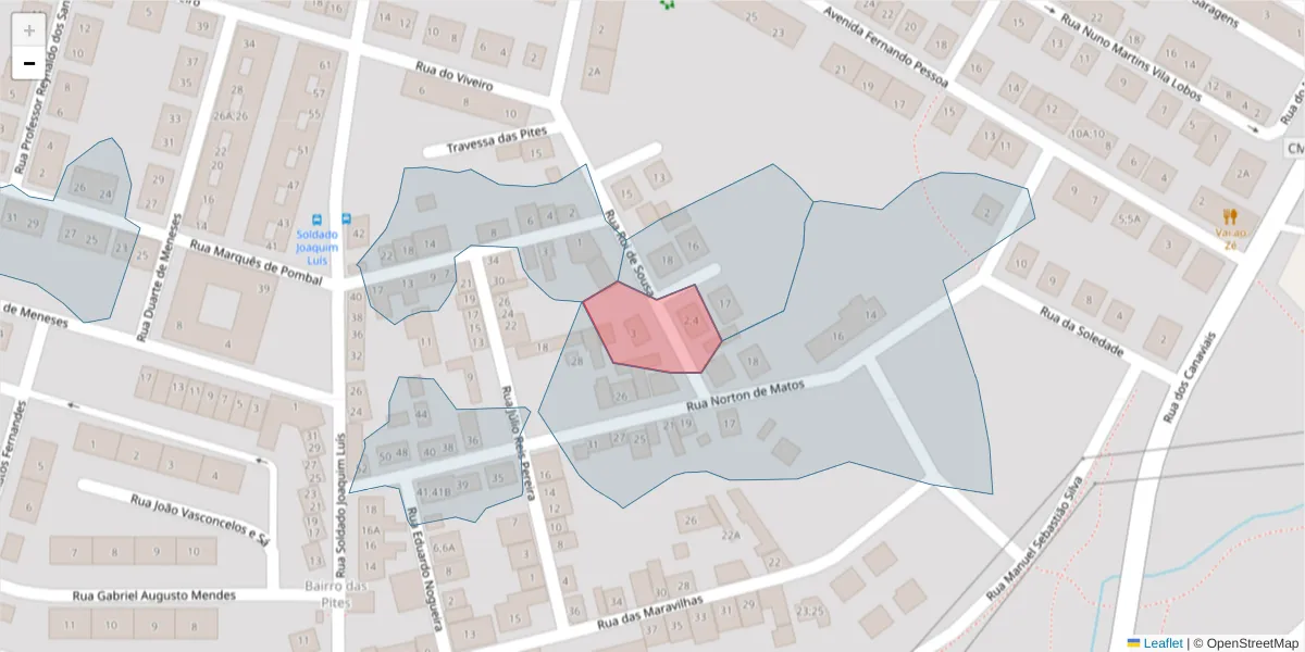 Mapa detalhado do código postal 7005-597 com limites, códigos postais vizinhos e agências dos correios
