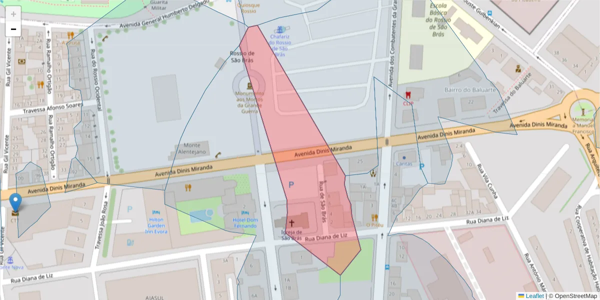 Mapa detalhado do código postal 7005-602 com limites, códigos postais vizinhos e agências dos correios