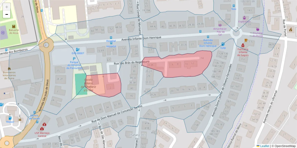 Mapa detalhado do código postal 7005-603 com limites, códigos postais vizinhos e agências dos correios