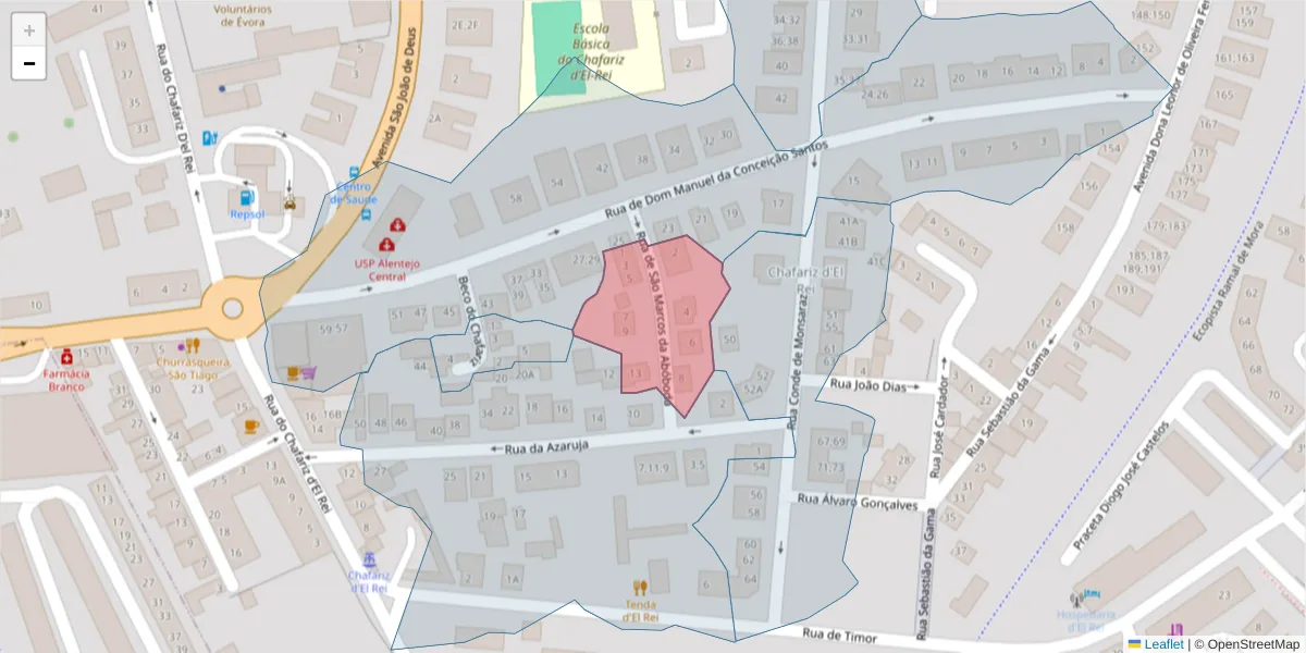 Mapa detalhado do código postal 7005-606 com limites, códigos postais vizinhos e agências dos correios
