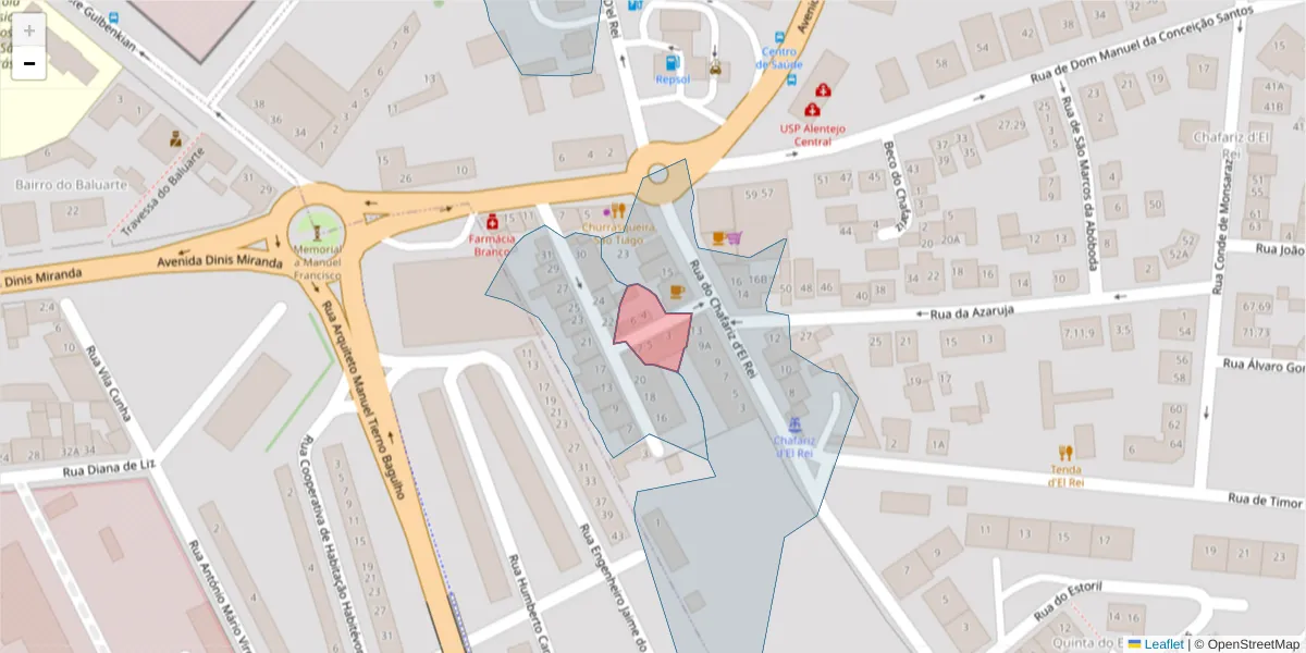 Mapa detalhado do código postal 7005-607 com limites, códigos postais vizinhos e agências dos correios