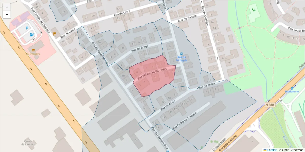 Mapa detalhado do código postal 7005-608 com limites, códigos postais vizinhos e agências dos correios
