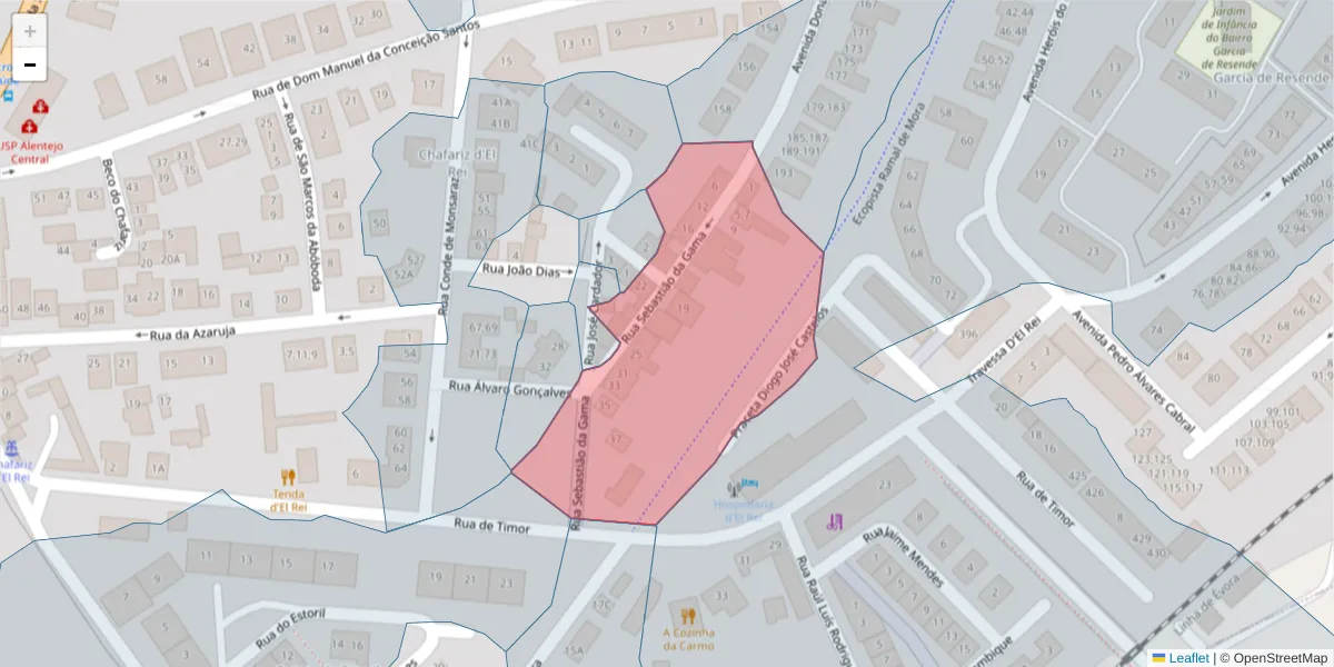Mapa detalhado do código postal 7005-609 com limites, códigos postais vizinhos e agências dos correios