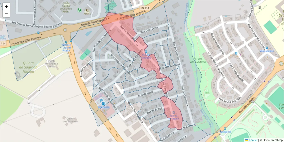 Mapa detalhado do código postal 7005-632 com limites, códigos postais vizinhos e agências dos correios