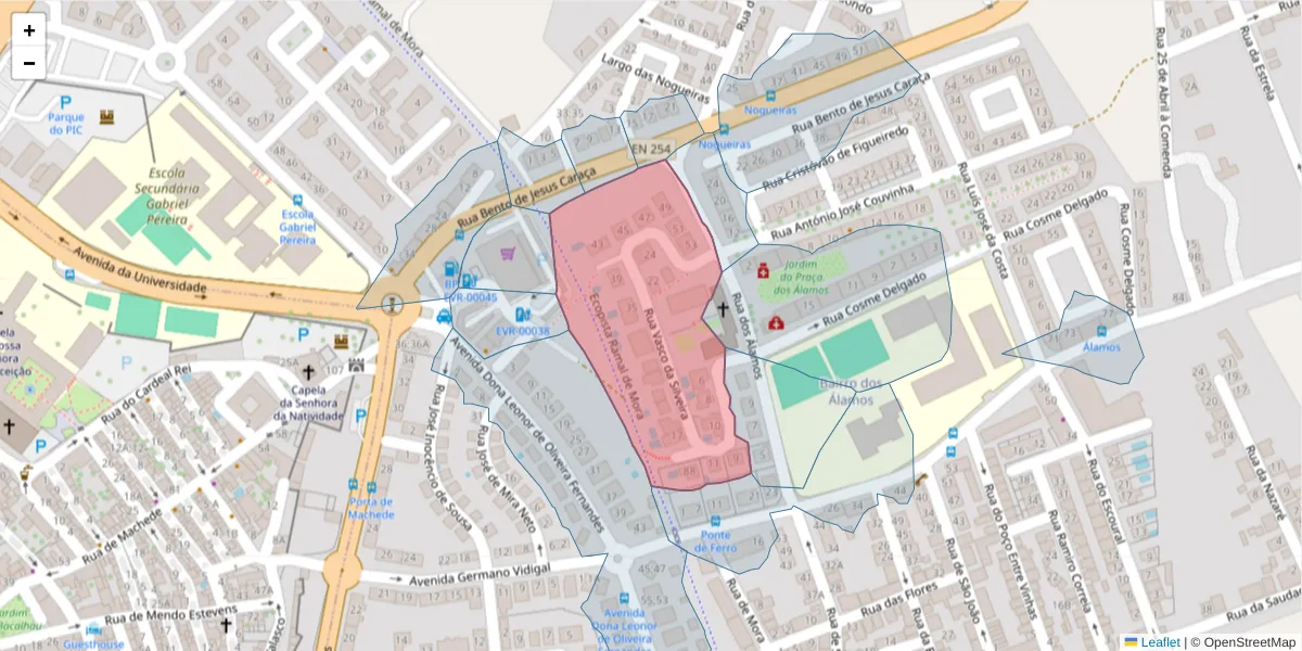 Mapa detalhado do código postal 7005-634 com limites, códigos postais vizinhos e agências dos correios