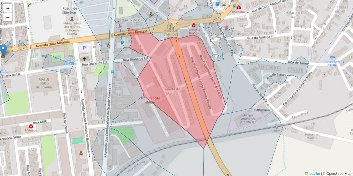 Mapa detalhado do código postal 7005-636 com limites, códigos postais vizinhos e agências dos correios