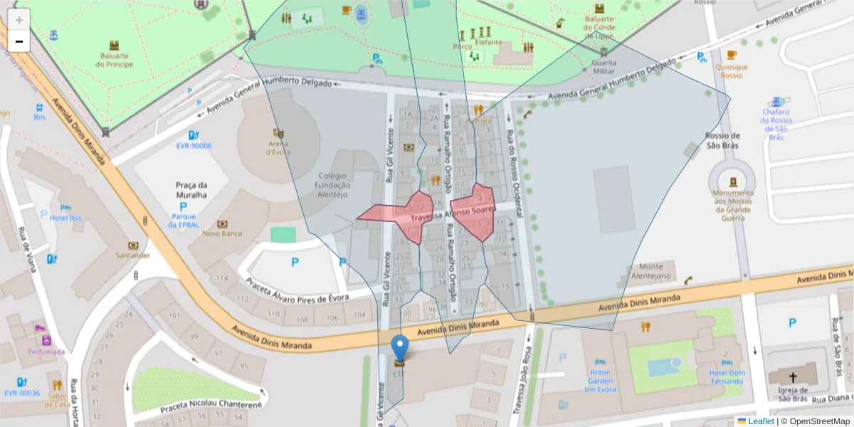 Mapa detalhado do código postal 7005-641 com limites, códigos postais vizinhos e agências dos correios