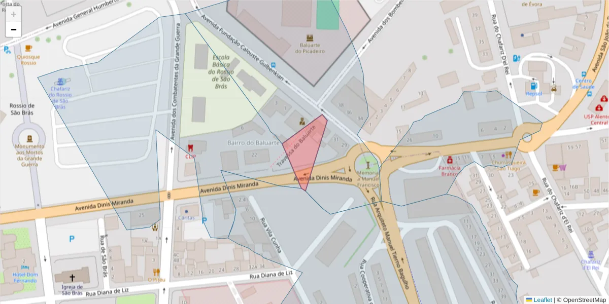 Mapa detalhado do código postal 7005-644 com limites, códigos postais vizinhos e agências dos correios