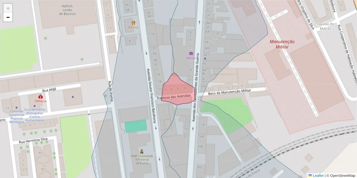 Mapa detalhado do código postal 7005-656 com limites, códigos postais vizinhos e agências dos correios