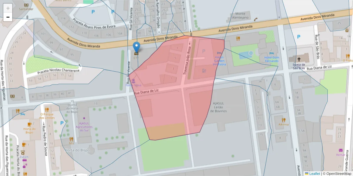 Mapa detalhado do código postal 7005-665 com limites, códigos postais vizinhos e agências dos correios