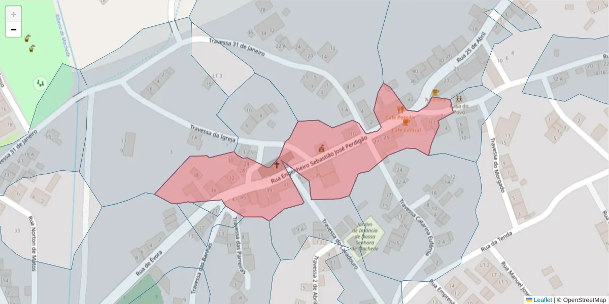 Mapa detalhado do código postal 7005-685 com limites, códigos postais vizinhos e agências dos correios