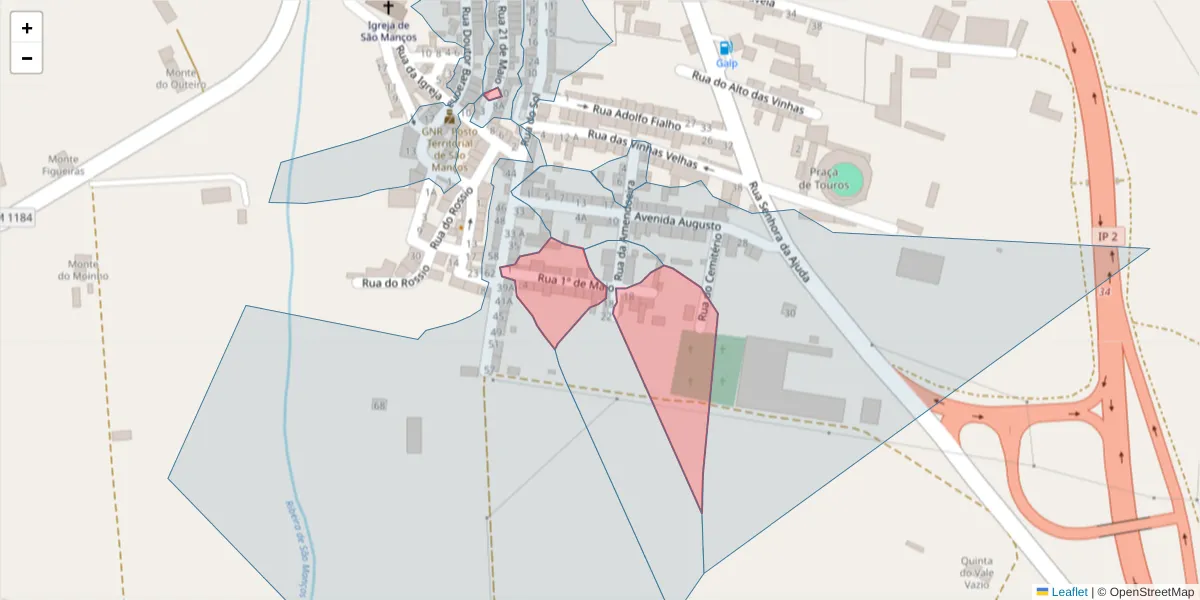 Mapa detalhado do código postal 7005-725 com limites, códigos postais vizinhos e agências dos correios
