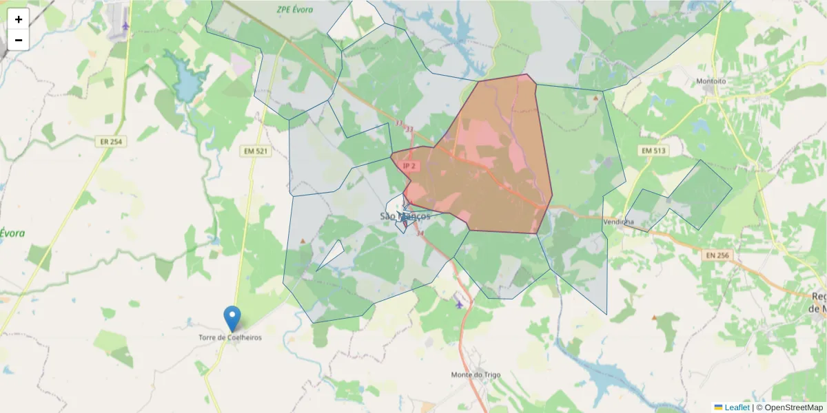 Mapa detalhado do código postal 7005-732 com limites, códigos postais vizinhos e agências dos correios