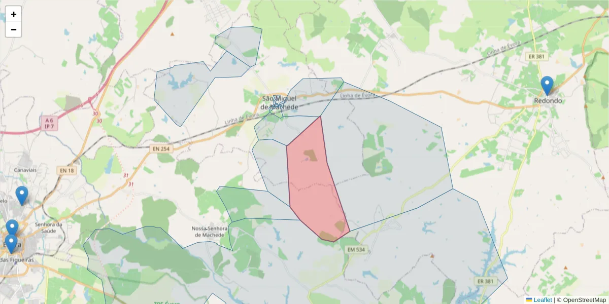 Mapa detalhado do código postal 7005-755 com limites, códigos postais vizinhos e agências dos correios