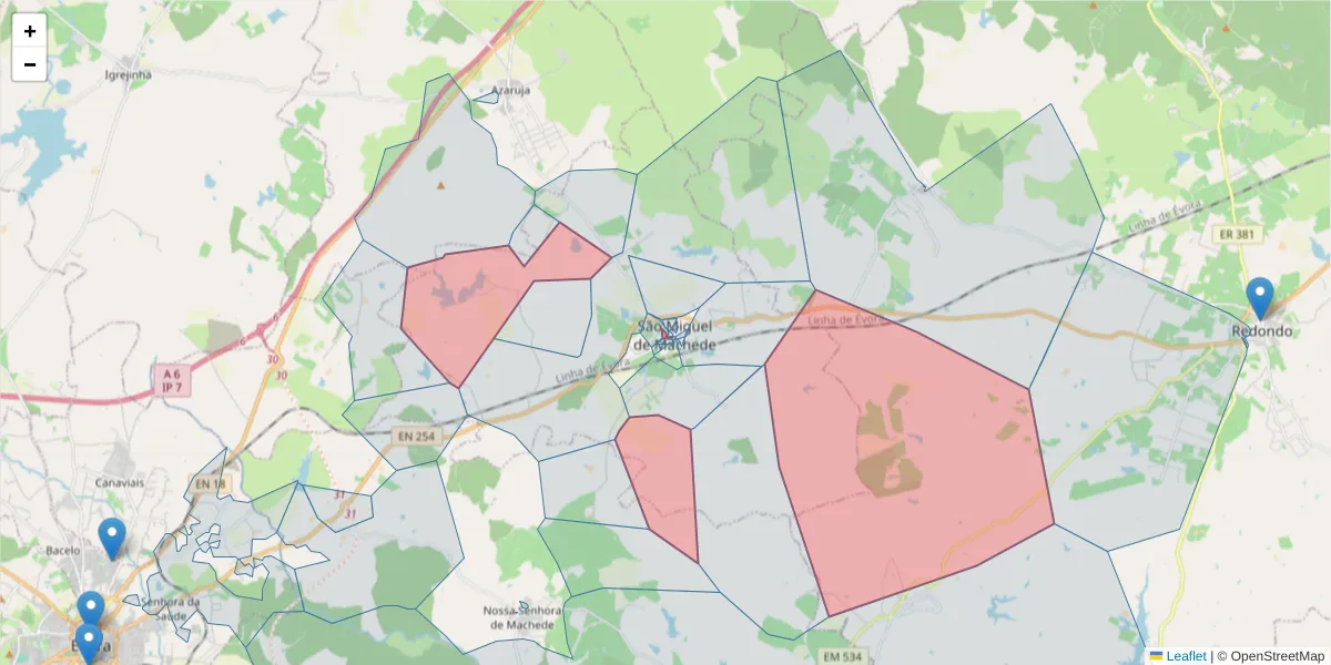 Mapa detalhado do código postal 7005-765 com limites, códigos postais vizinhos e agências dos correios