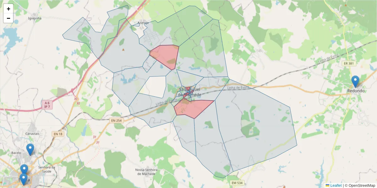 Mapa detalhado do código postal 7005-766 com limites, códigos postais vizinhos e agências dos correios