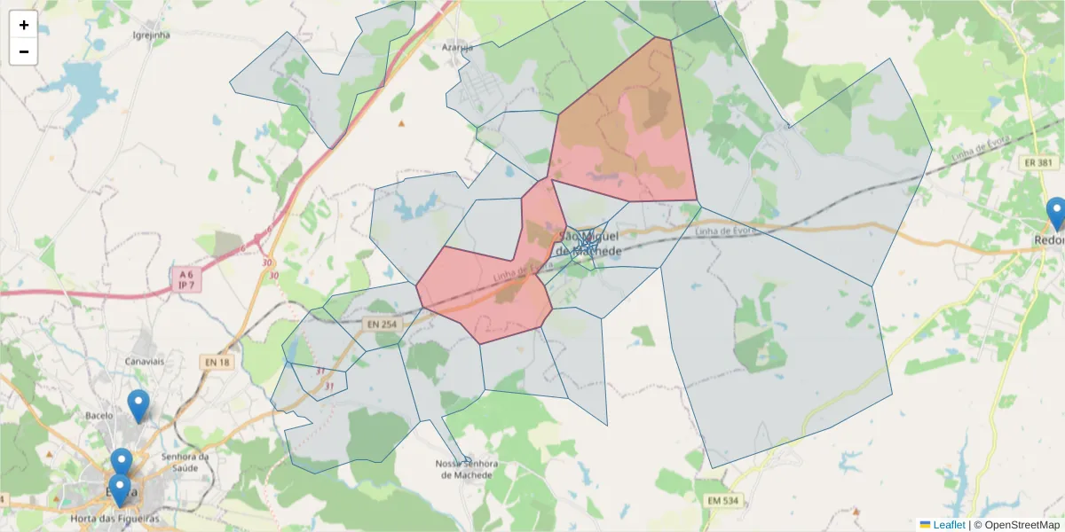 Mapa detalhado do código postal 7005-770 com limites, códigos postais vizinhos e agências dos correios