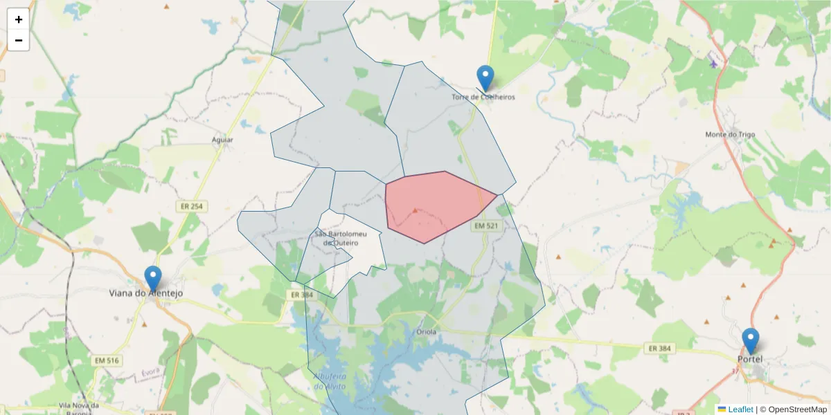 Mapa detalhado do código postal 7005-771 com limites, códigos postais vizinhos e agências dos correios