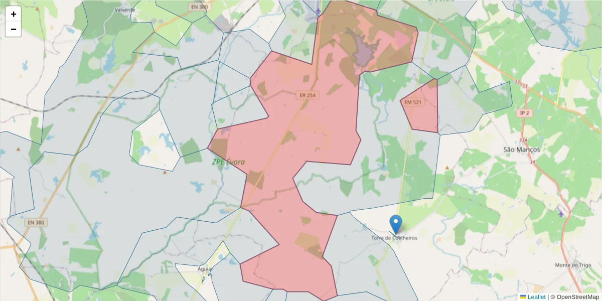 Mapa detalhado do código postal 7005-774 com limites, códigos postais vizinhos e agências dos correios