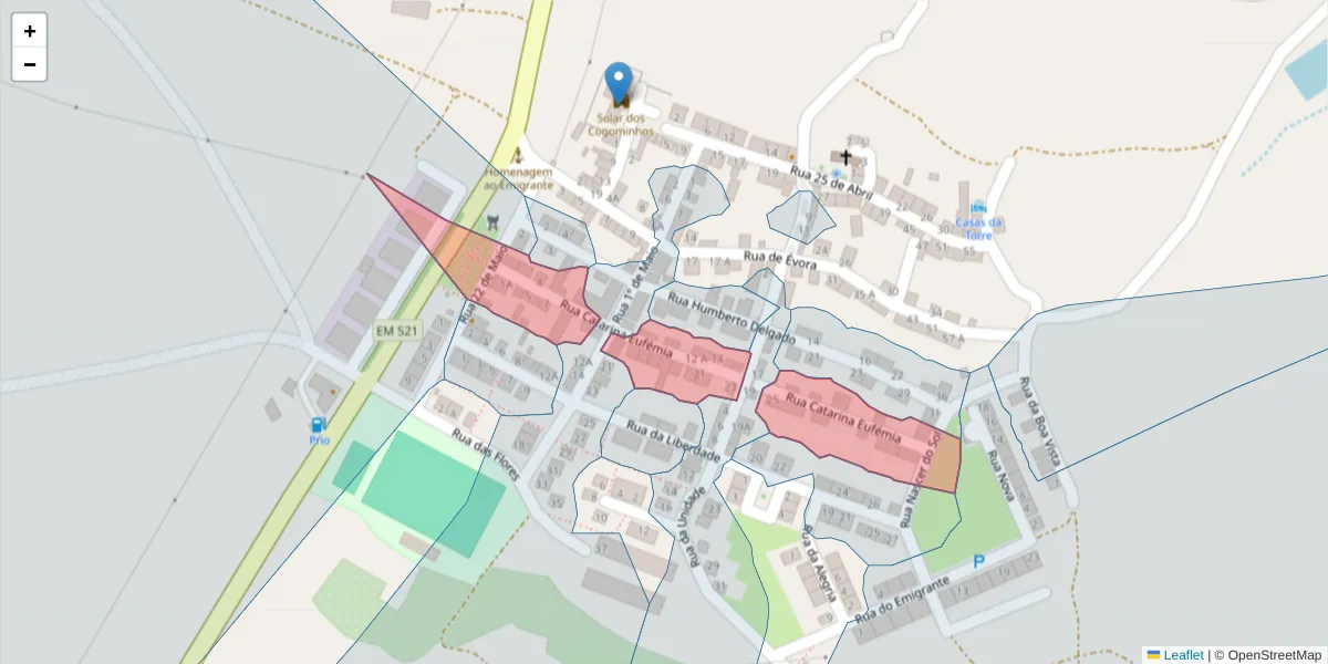 Mapa detalhado do código postal 7005-784 com limites, códigos postais vizinhos e agências dos correios