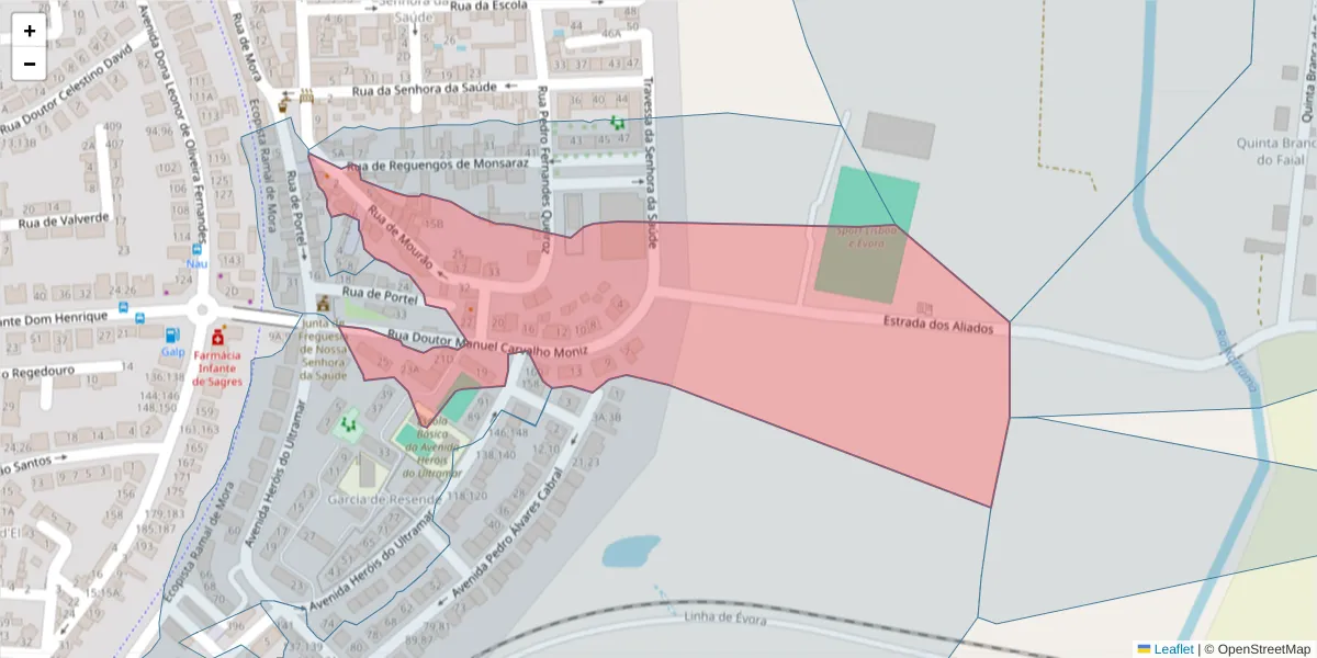 Mapa detalhado do código postal 7005-796 com limites, códigos postais vizinhos e agências dos correios