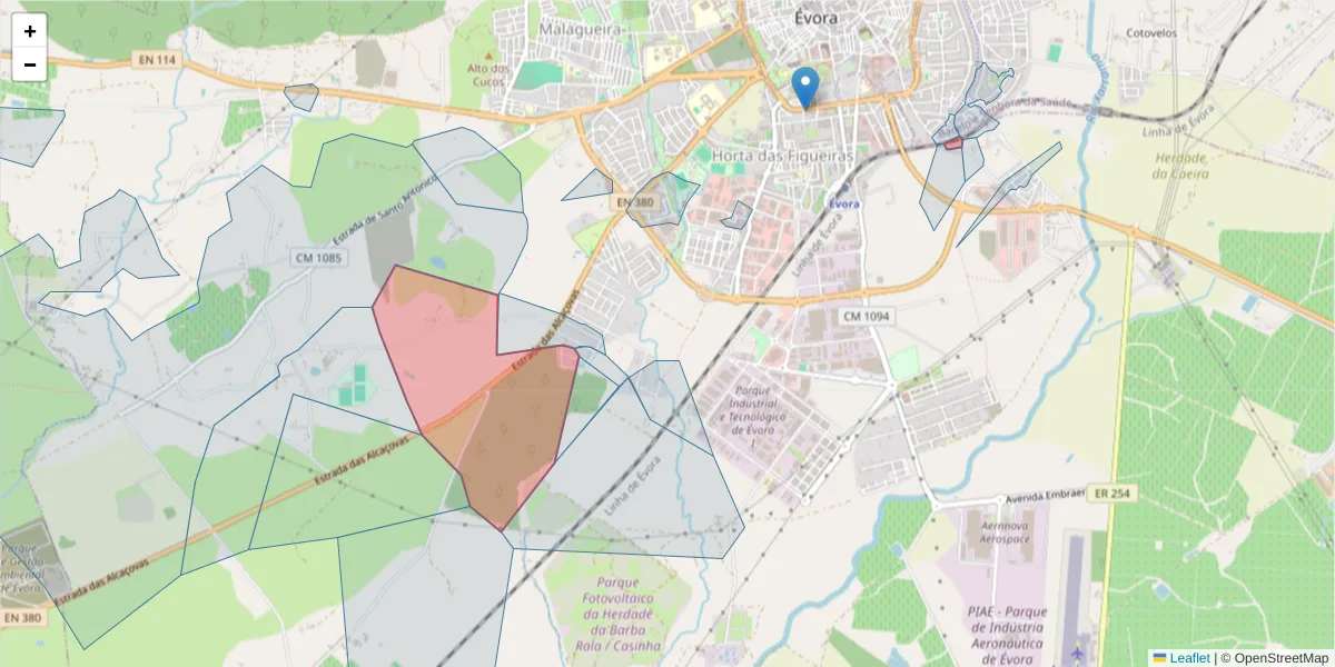 Mapa detalhado do código postal 7005-824 com limites, códigos postais vizinhos e agências dos correios