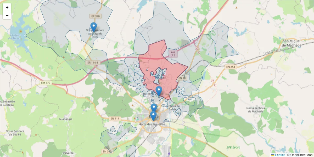 Mapa detalhado do código postal 7005-839 com limites, códigos postais vizinhos e agências dos correios
