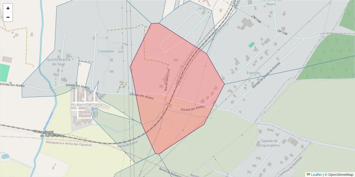Mapa detalhado do código postal 7005-852 com limites, códigos postais vizinhos e agências dos correios