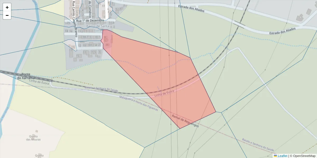 Mapa detalhado do código postal 7005-859 com limites, códigos postais vizinhos e agências dos correios