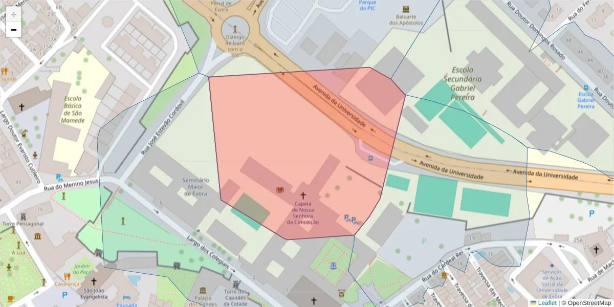 Mapa detalhado do código postal 7005-869 com limites, códigos postais vizinhos e agências dos correios