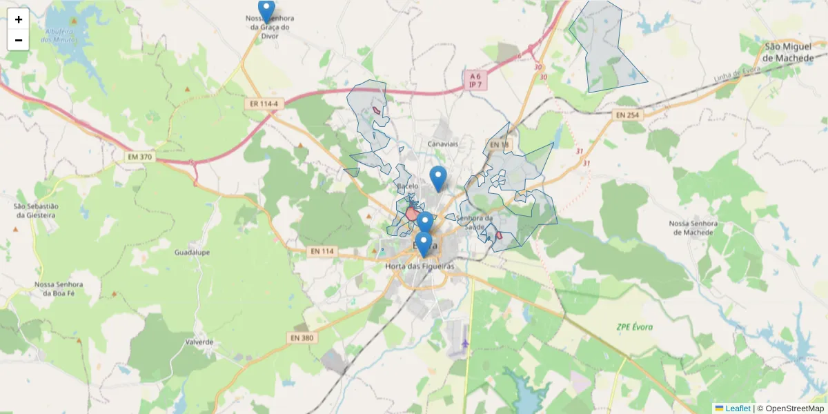 Mapa detalhado do código postal 7005-870 com limites, códigos postais vizinhos e agências dos correios
