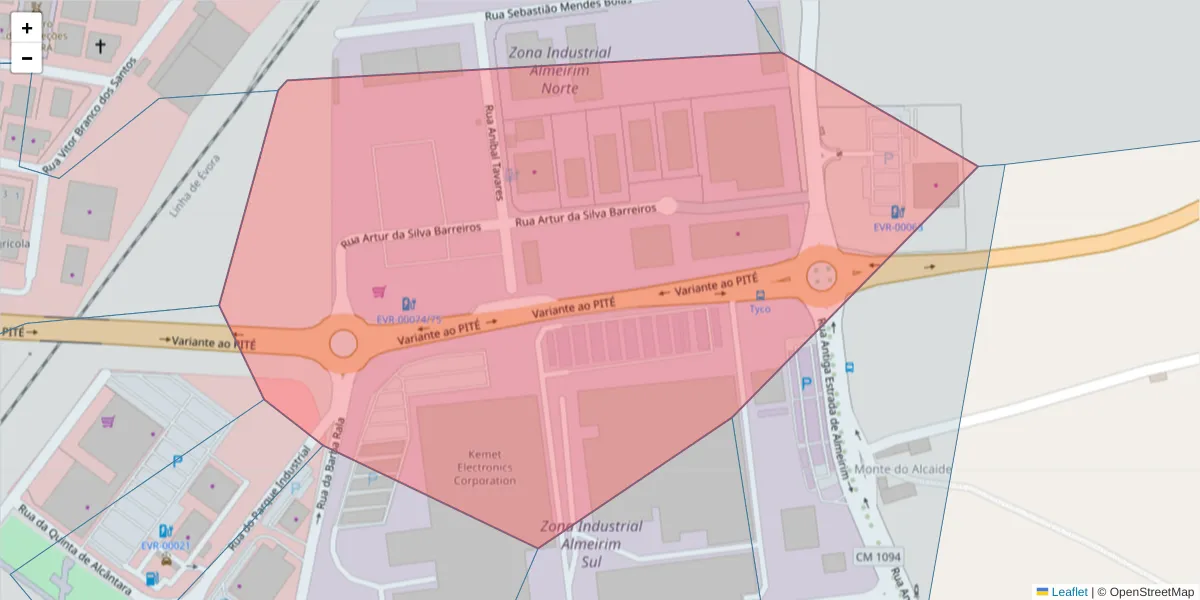 Mapa detalhado do código postal 7005-872 com limites, códigos postais vizinhos e agências dos correios