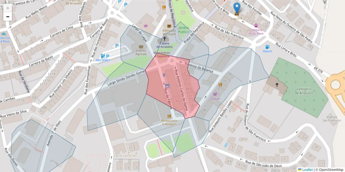 Mapa detalhado do código postal 7040-030 com limites, códigos postais vizinhos e agências dos correios