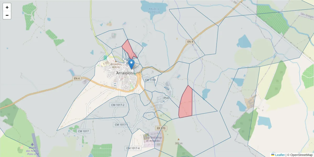 Mapa detalhado do código postal 7040-032 com limites, códigos postais vizinhos e agências dos correios