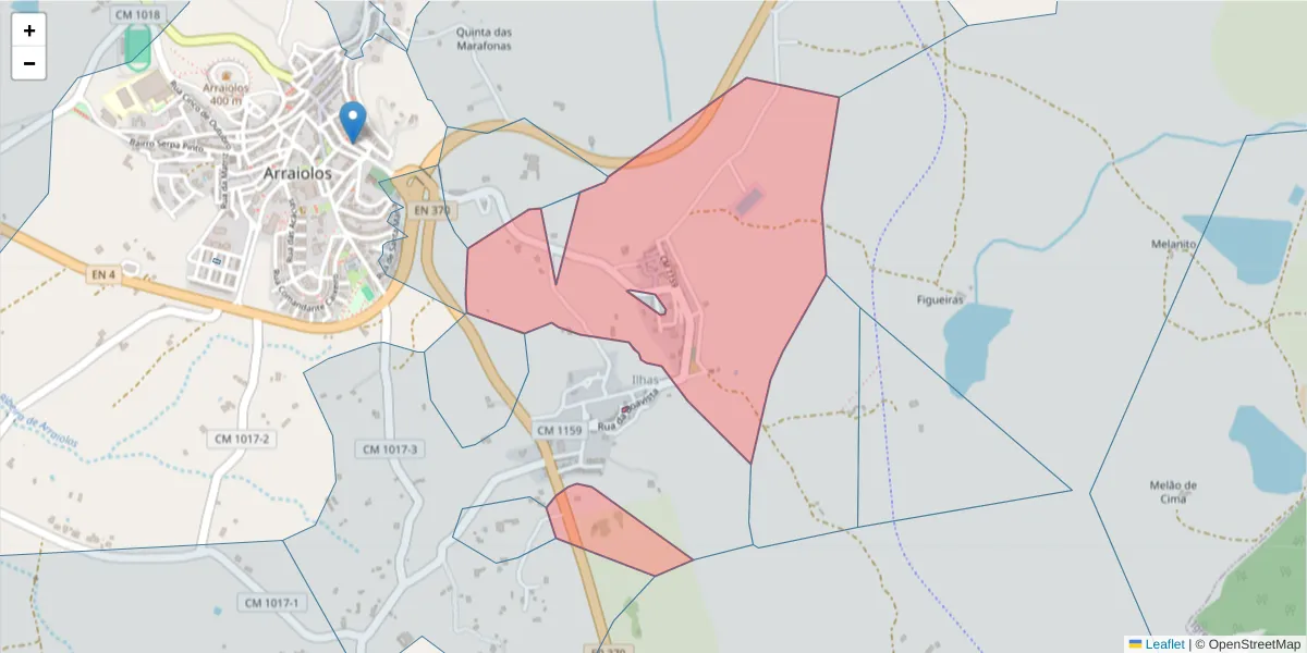 Mapa detalhado do código postal 7040-114 com limites, códigos postais vizinhos e agências dos correios