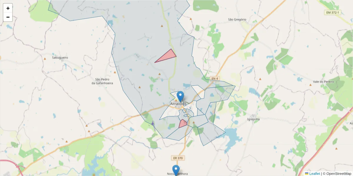 Mapa detalhado do código postal 7040-121 com limites, códigos postais vizinhos e agências dos correios