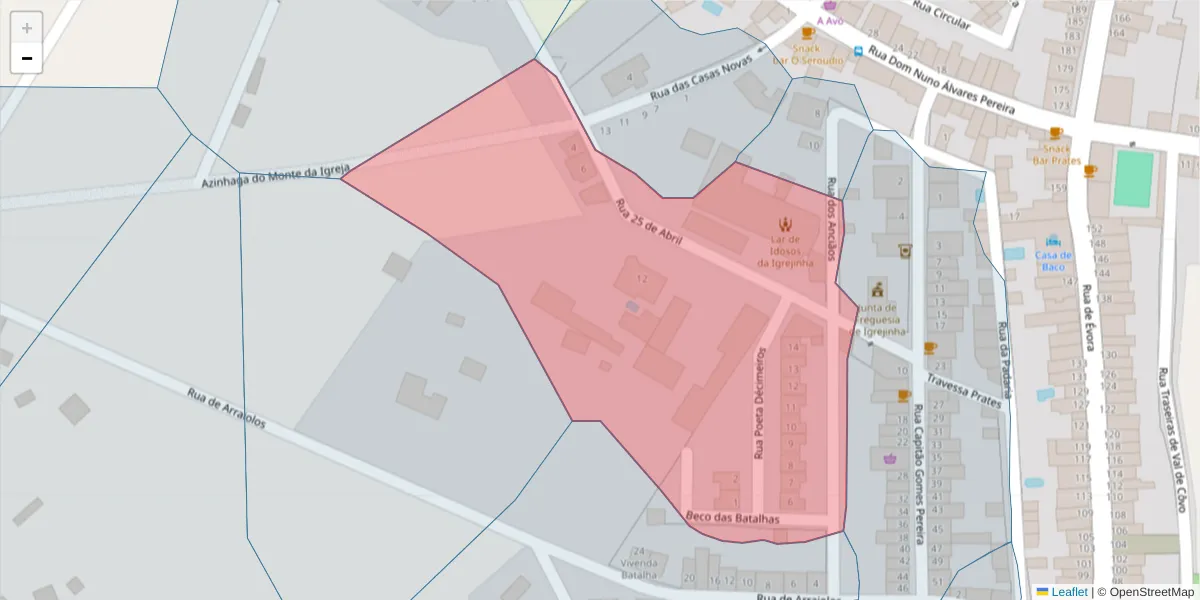 Mapa detalhado do código postal 7040-210 com limites, códigos postais vizinhos e agências dos correios