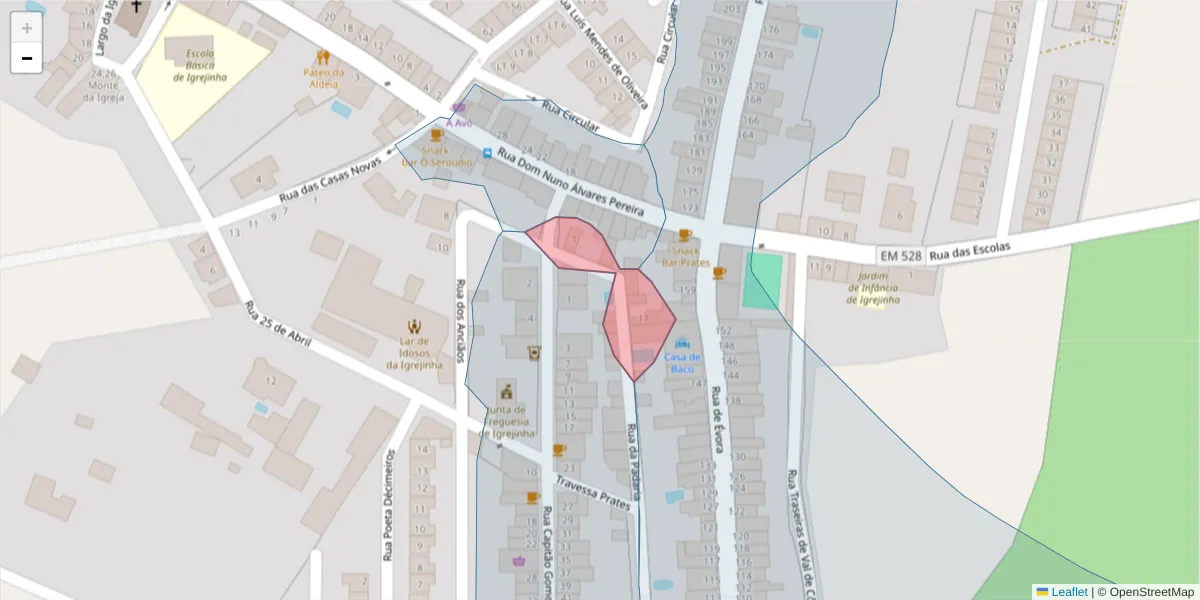 Mapa detalhado do código postal 7040-217 com limites, códigos postais vizinhos e agências dos correios