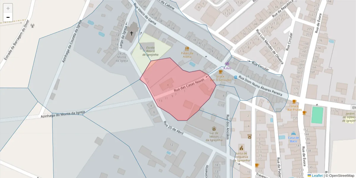 Mapa detalhado do código postal 7040-219 com limites, códigos postais vizinhos e agências dos correios
