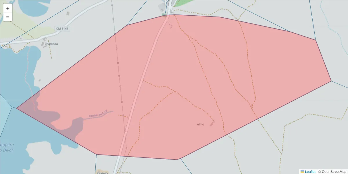 Mapa detalhado do código postal 7040-221 com limites, códigos postais vizinhos e agências dos correios