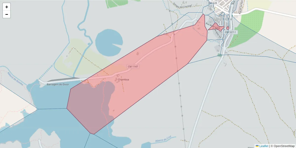 Mapa detalhado do código postal 7040-222 com limites, códigos postais vizinhos e agências dos correios