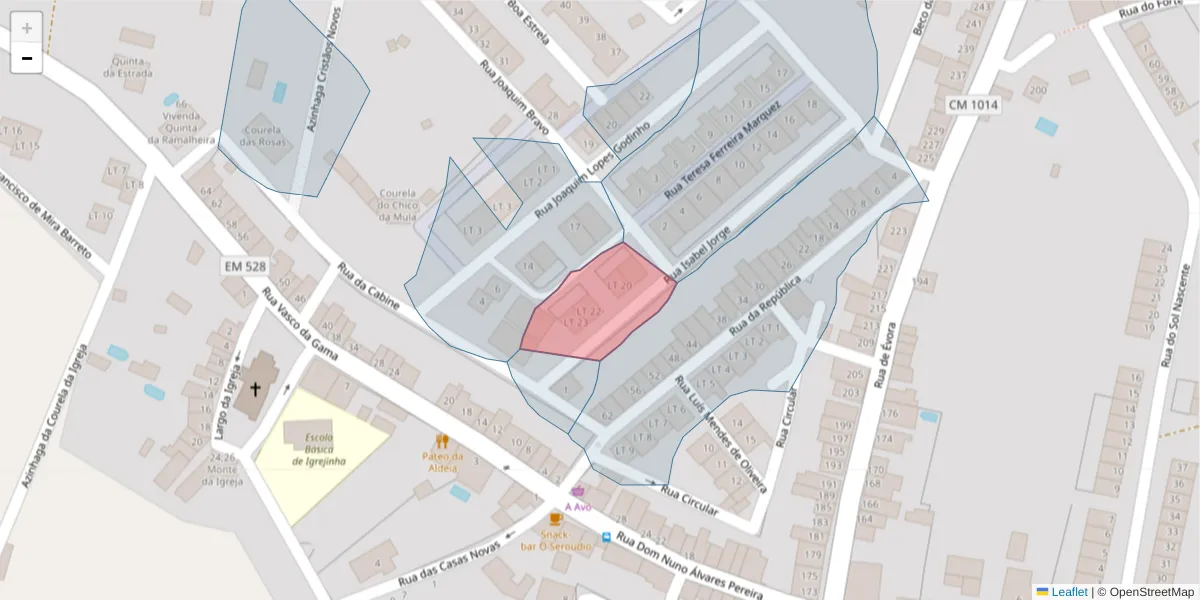 Mapa detalhado do código postal 7040-227 com limites, códigos postais vizinhos e agências dos correios
