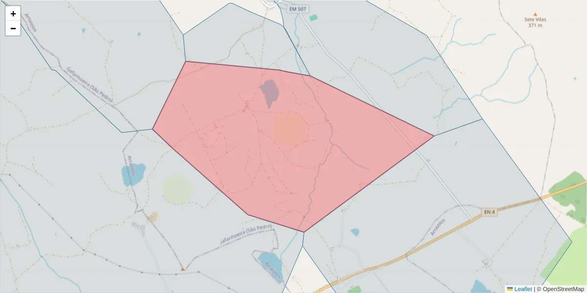 Mapa detalhado do código postal 7040-505 com limites, códigos postais vizinhos e agências dos correios