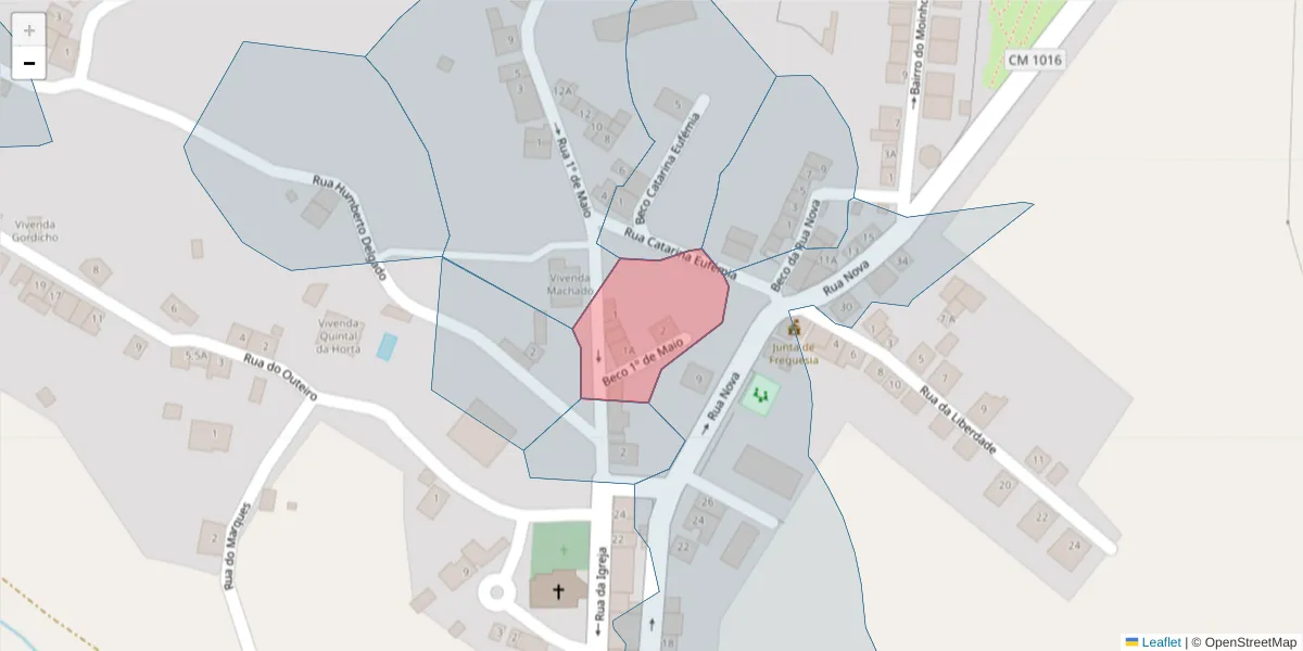 Mapa detalhado do código postal 7040-523 com limites, códigos postais vizinhos e agências dos correios