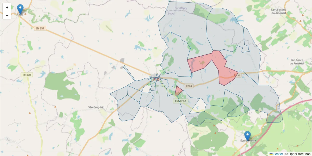Mapa detalhado do código postal 7040-614 com limites, códigos postais vizinhos e agências dos correios