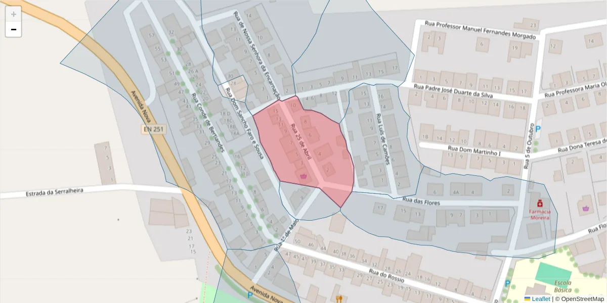 Mapa detalhado do código postal 7040-624 com limites, códigos postais vizinhos e agências dos correios