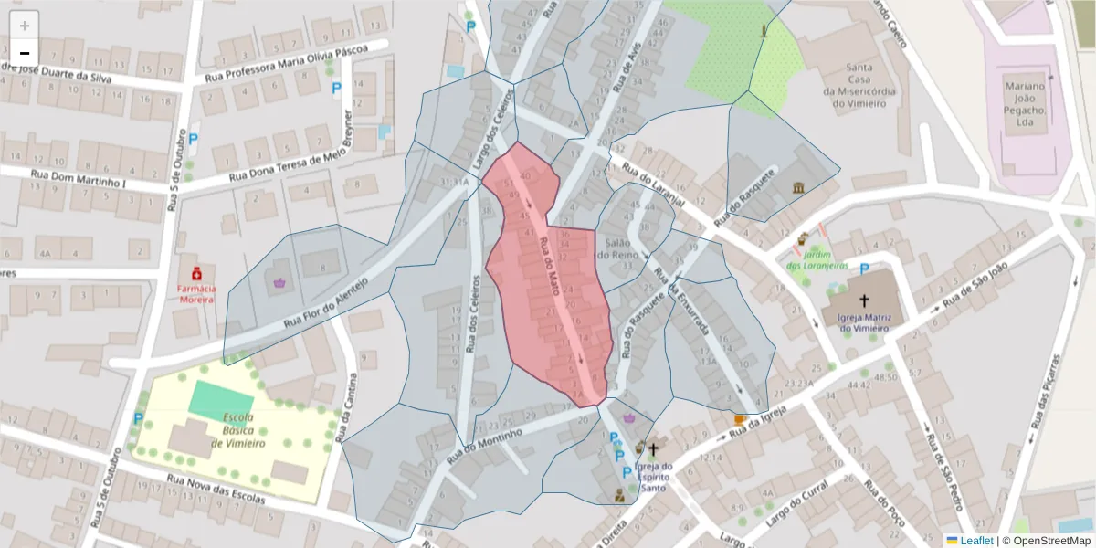 Mapa detalhado do código postal 7040-646 com limites, códigos postais vizinhos e agências dos correios